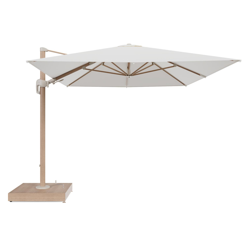 Rufina zweefparasol met tiltfunctie in houtlook aluminium en Natte White All Weather Sunbrella® Luxe parasoldoek - L1 400 x L2 300 cm met parasolvoet Minore 260 kg met wielen