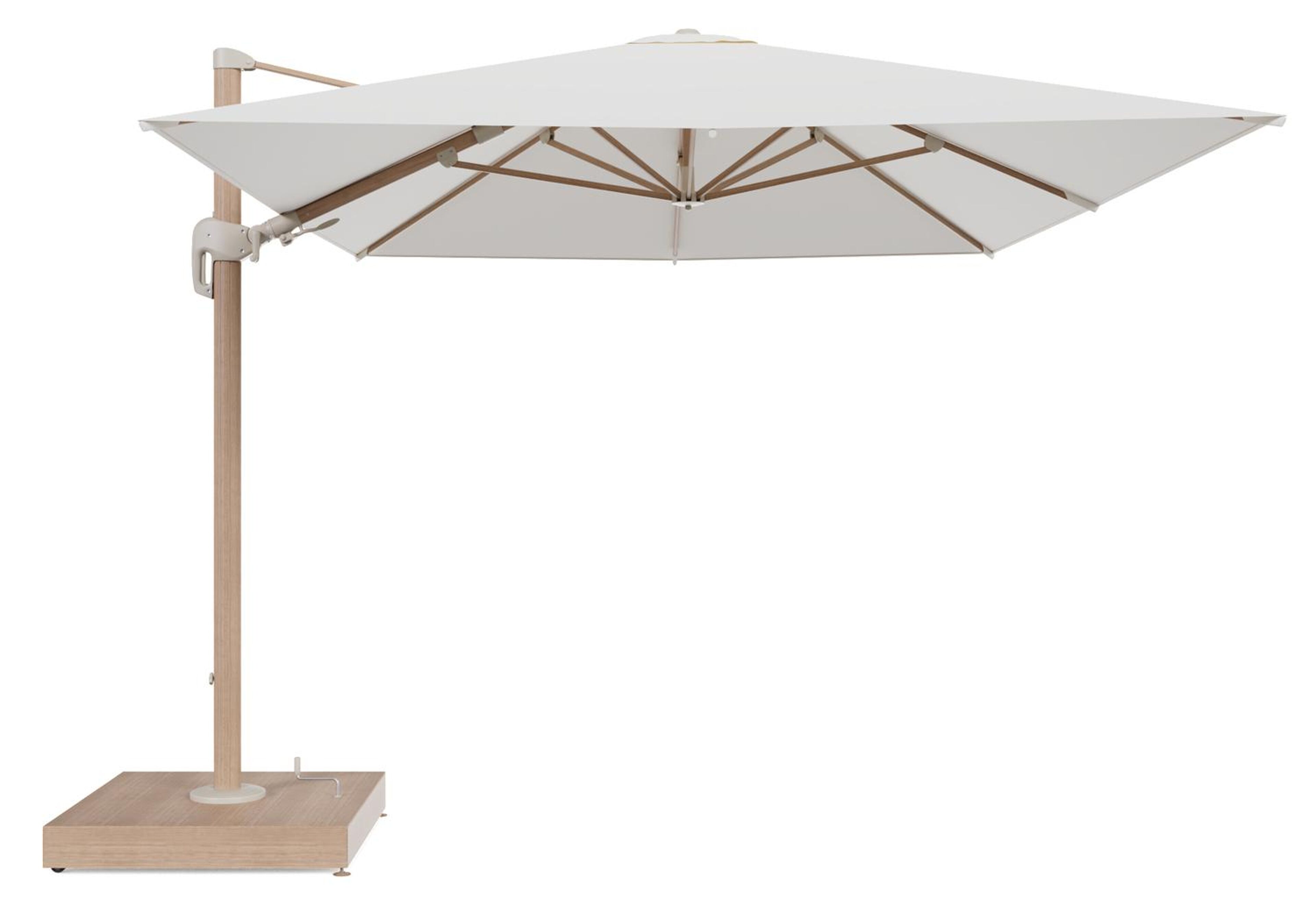 Rufina zweefparasol met tiltfunctie in houtlook aluminium en Natte White All Weather Sunbrella® Luxe parasoldoek - L1 400 x L2 300 cm met parasolvoet Minore 260 kg met wielen