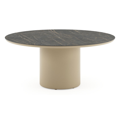 Amico low dining tuintafel rond in beige aluminium en volkeramiek Black Obsession - Dia. 148 x H 61 cm