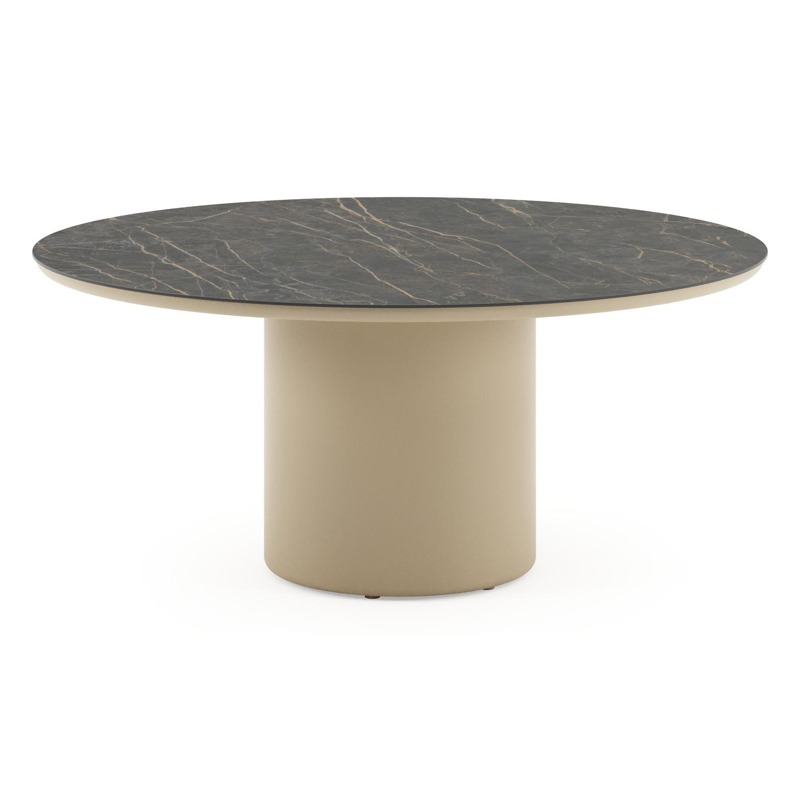Amico low dining tuintafel rond in beige aluminium en volkeramiek Black Obsession - Dia. 148 x H 61 cm