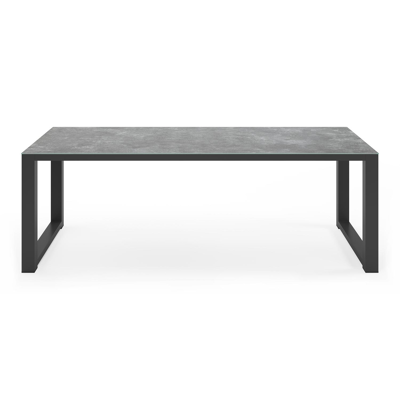 Ensemble de jardin Livo en aluminium noir avec plateau de table en céramique verre gris et 6 chaises de jardin empilables Bareto