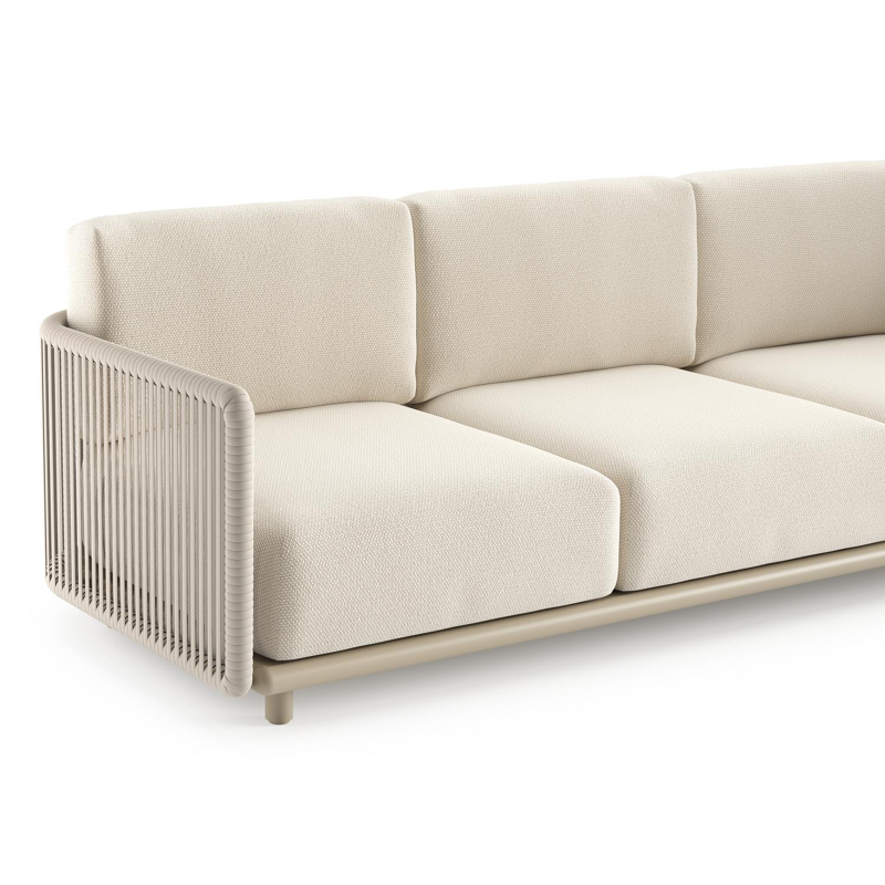 Organo loungeset in beige aluminium en beige verticaal geweven luxe vlakke rope met althea off white all weather Cosytica kussen