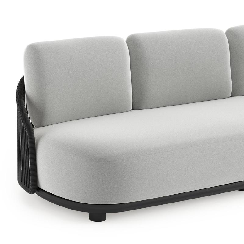 Salon de jardin Vadelo en aluminium noir et corde ronde tissée verticalement noir et coussins en all weather sunbrella® luxe natte grey chine