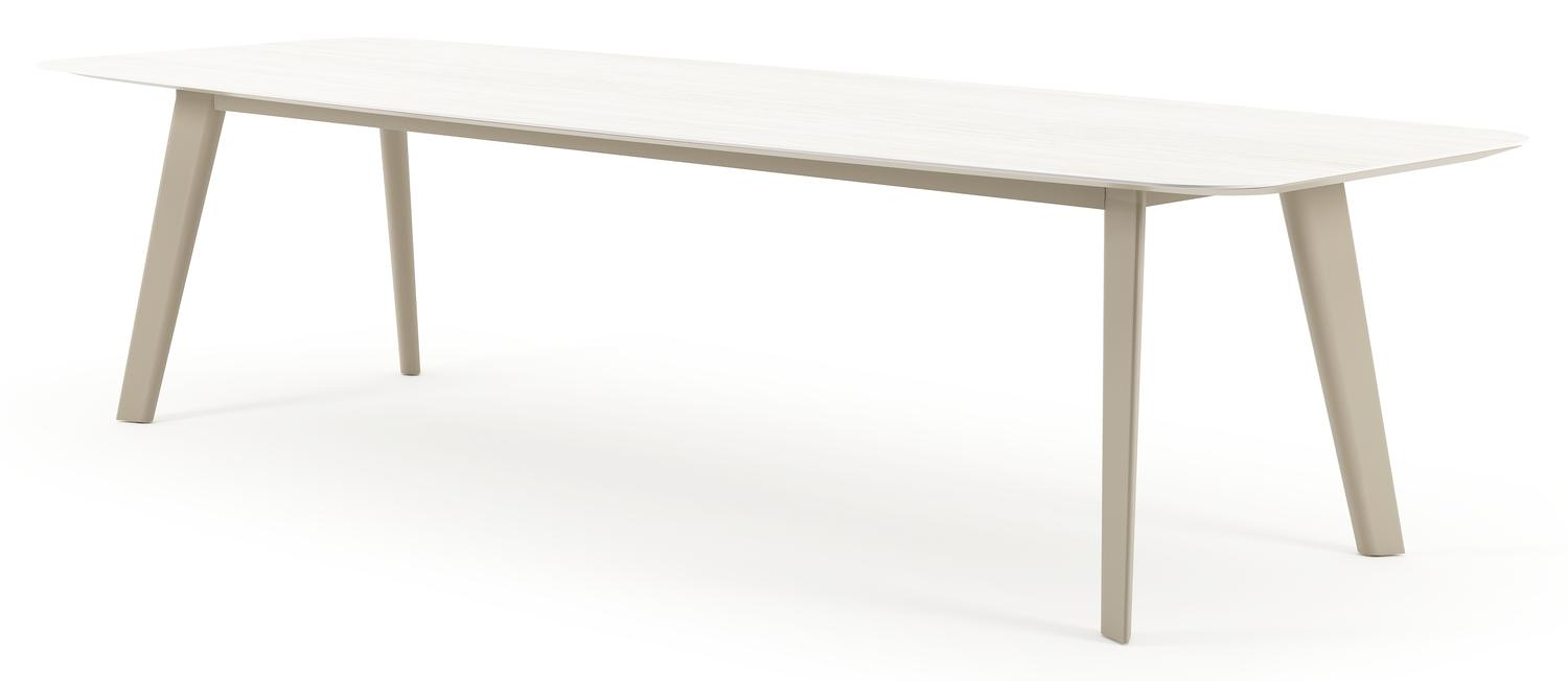 Table de jardin Lacirma forme de bateau en aluminium beige et céramique pleine Calista Lg. 315 x Lrg. 115 x Haut. 73 cm