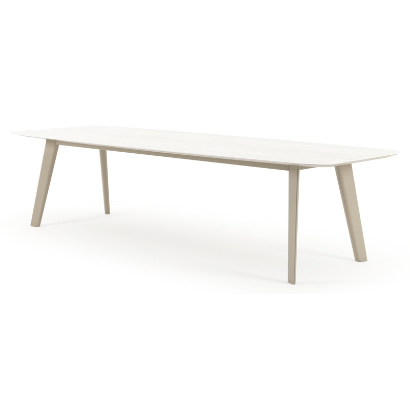 Table de jardin Lacirma forme de bateau en aluminium beige et céramique pleine Calista Lg. 315 x Lrg. 115 x Haut. 73 cm