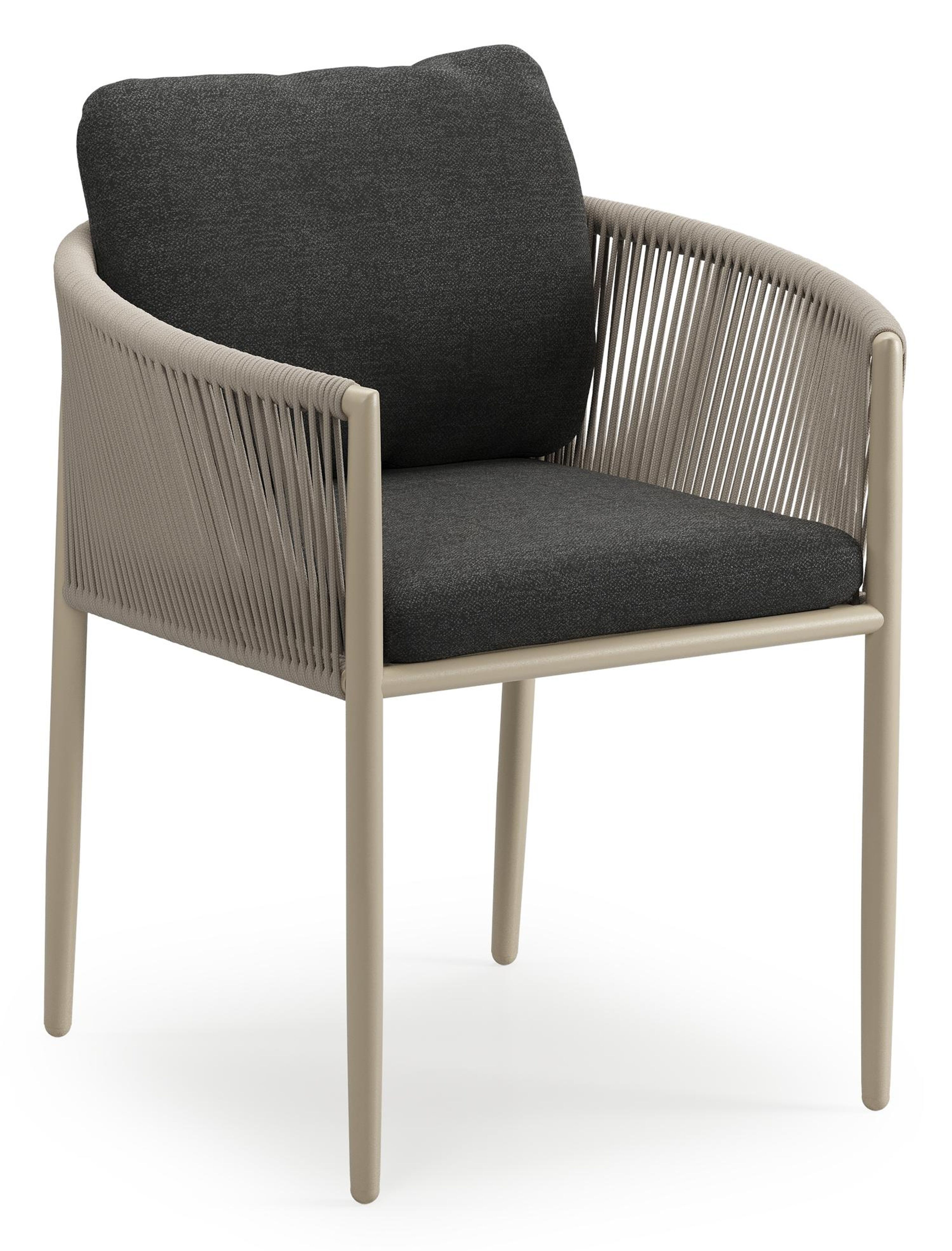 Organo tuinstoel in zwart aluminium en beige verticaal geweven ronde rope met stoelkussen in All Weather Sunbrella® Luxe Chartres Sooty