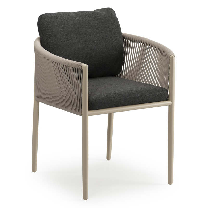 Organo tuinstoel in zwart aluminium en beige verticaal geweven ronde rope met stoelkussen in All Weather Sunbrella® Luxe Chartres Sooty