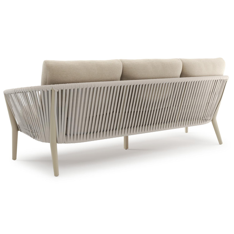 Orso loungeset in beige aluminium en beige verticaal geweven ronde rope met Althea Chalk all weather cosytica kussen