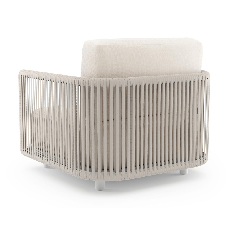 Organo loungestoel in wit aluminium en beige verticaal geweven luxe vlakke rope met lopi snow all weather Sunbrella® luxe kussen