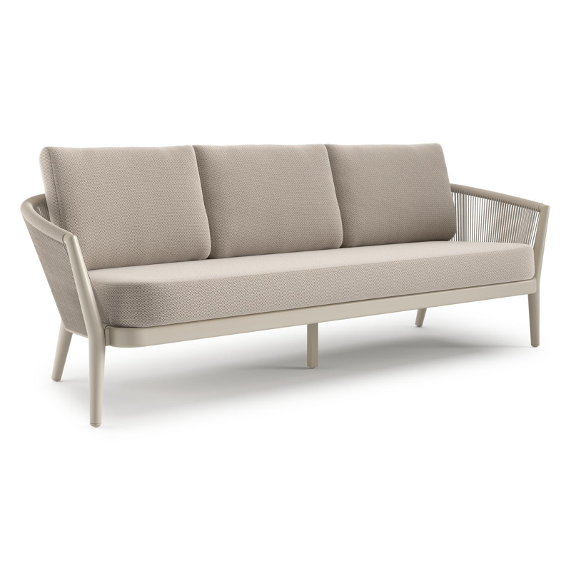 Canapé de jardin Orso en aluminium beige en corde ronde tissée verticalement beige et coussins en all weather sunbrella® luxe Lopi Fossil