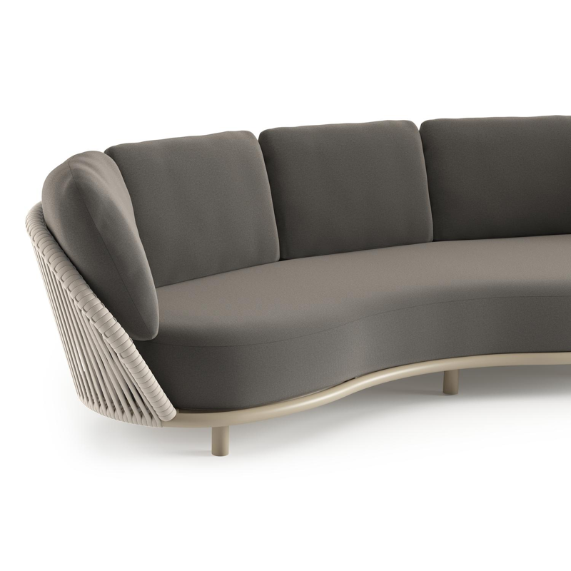 Lupino loungeset in beige aluminium en beige verticaal geweven luxe vlakke brede rope met natte dark taupe all weather sunbrella® luxe kussen