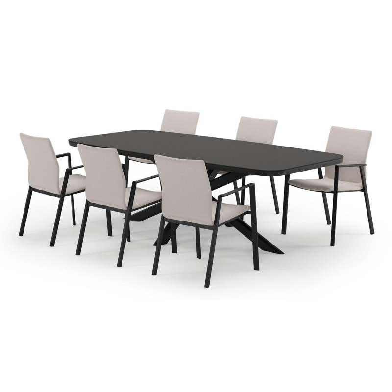 Pamplona bootvormige tuinset in zwart aluminium en sintered stone notte minerale met 6 Madura tuinstoelen