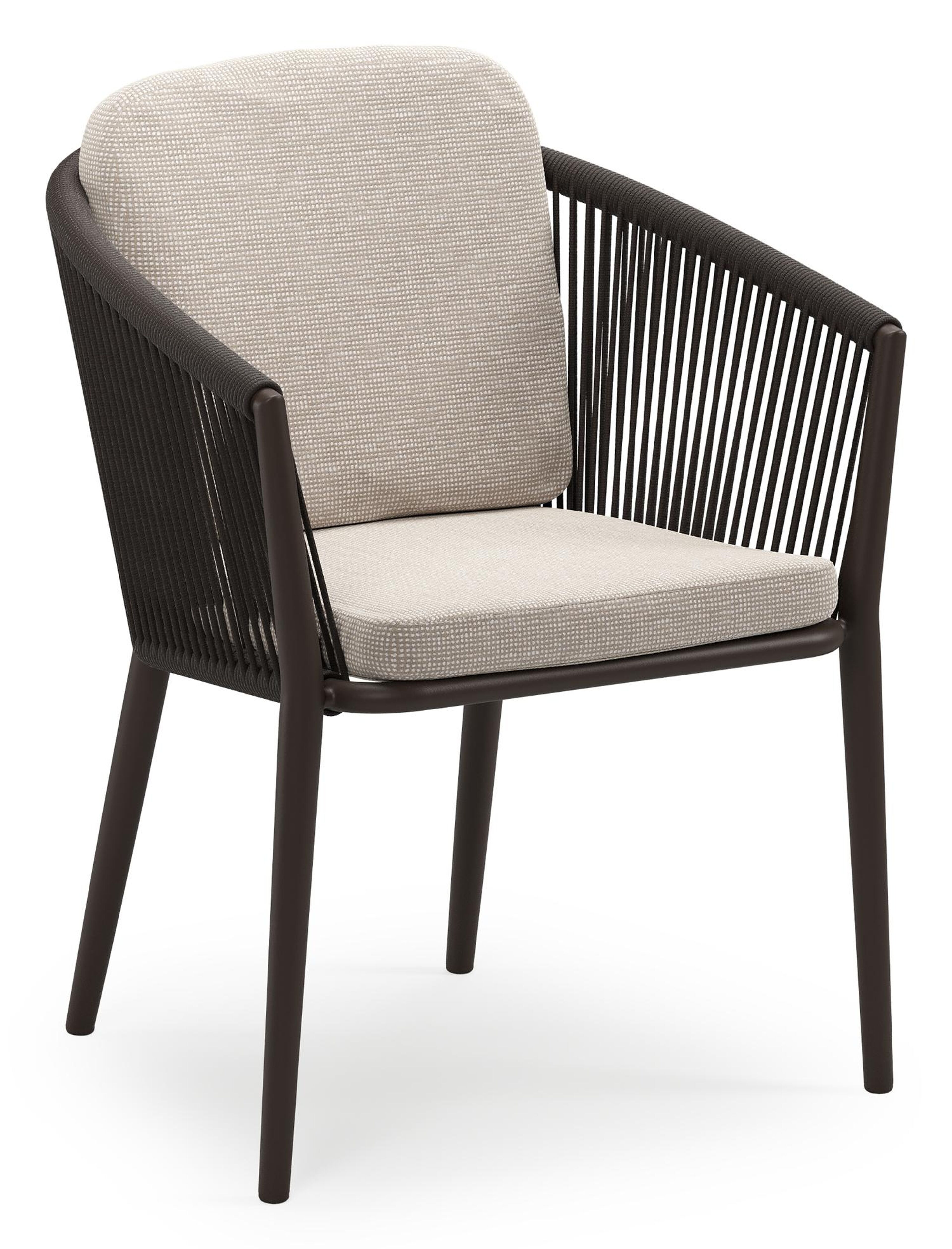 Orso stapelbare tuinstoel in donkerbruin aluminium en donkerbruin verticaal geweven ronde rope met stoelkussen in All Weather Sunbrella® Luxe Slow Farafra