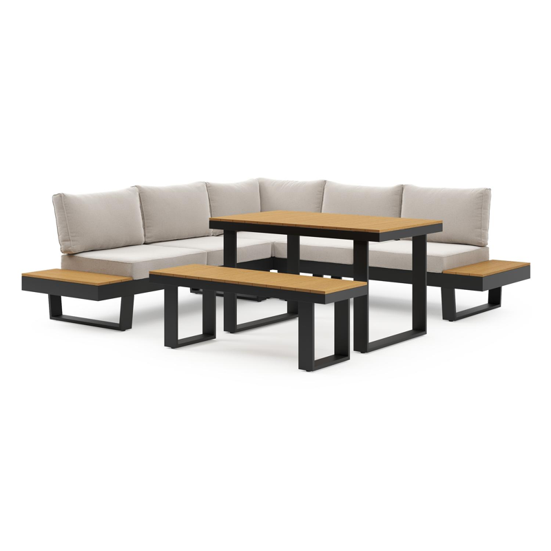 Alora loungehoek in zwart aluminium met beige weather+ softtouch kussens en loungetafel