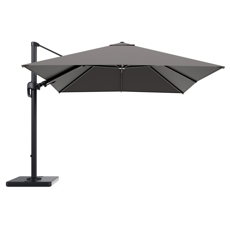 Rufina zweefparasol tiltfunctie in zwart aluminium en parasoldoek in All Weather Sunbrella® Luxe Natte Nature Grey - L1 300 x L2 300 cm met parasolvoet Lapido 120 kg
