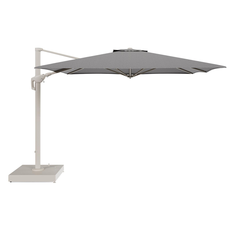 Minore zweefparasol met tiltfunctie in beige aluminium en Chartres Drizzle All Weather Sunbrella® Luxe parasoldoek - L1: 350 x L2: 350 cm met parasolvoet Minore 260 kg met wielen