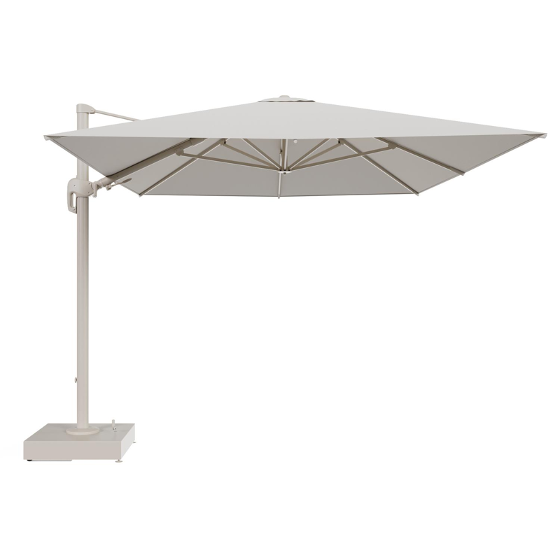 Rufina zweefparasol met tiltfunctie in beige aluminium en Lopi Marble All Weather Sunbrella® Luxe parasoldoek - L1 400 x L2 300 cm met parasolvoet Minore 150 kg met wielen