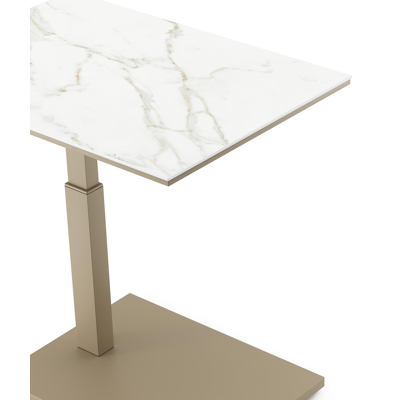 Table d'appoint pop-up Cirello rectangulaire en aluminium beige et céramique pleine Calacatta - Lg. 69.5 x Lrg. 50 x Haut. 66 cm