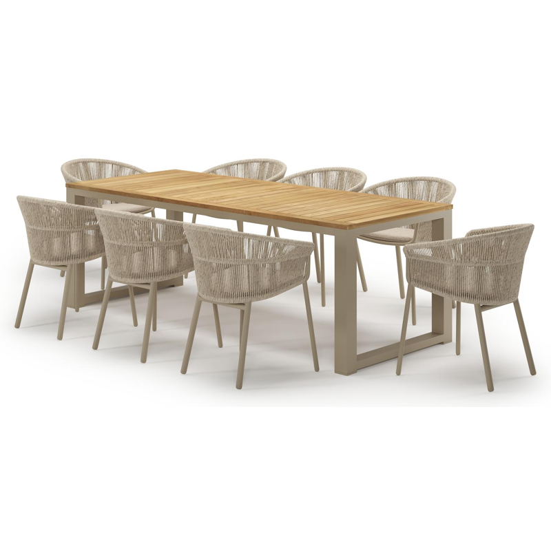 Livo tuinset in beige aluminium en teak met 8 stapelbare Matera tuinstoelen
