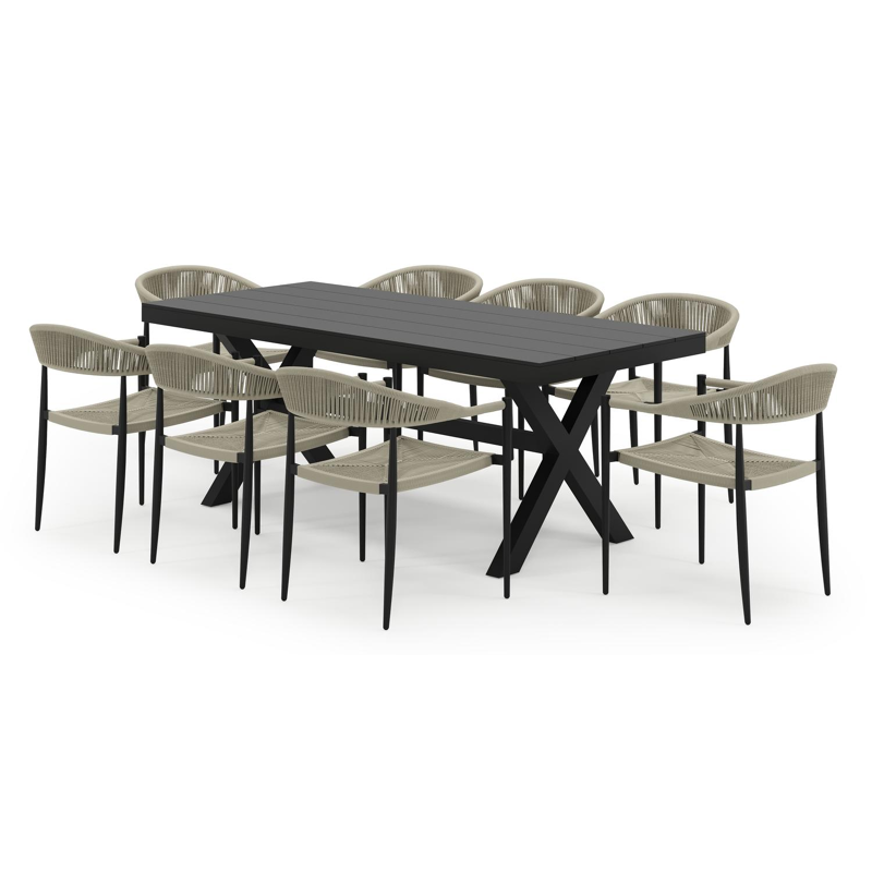 Ensemble de jardin Bahia en aluminium noir et aluminium noir avec 8 chaises de jardin empilable Guarda