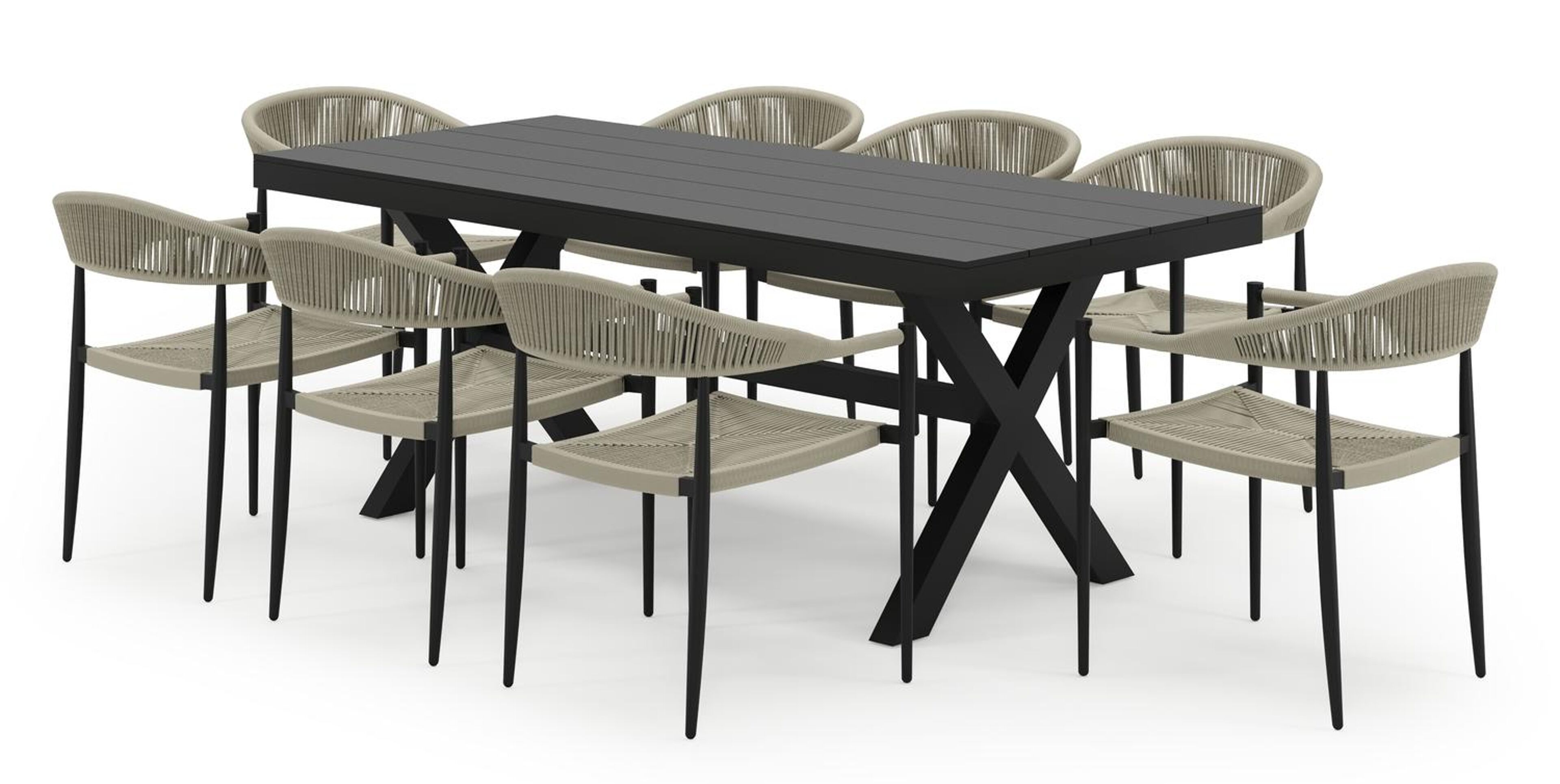 Ensemble de jardin Bahia en aluminium noir et aluminium noir avec 8 chaises de jardin empilable Guarda