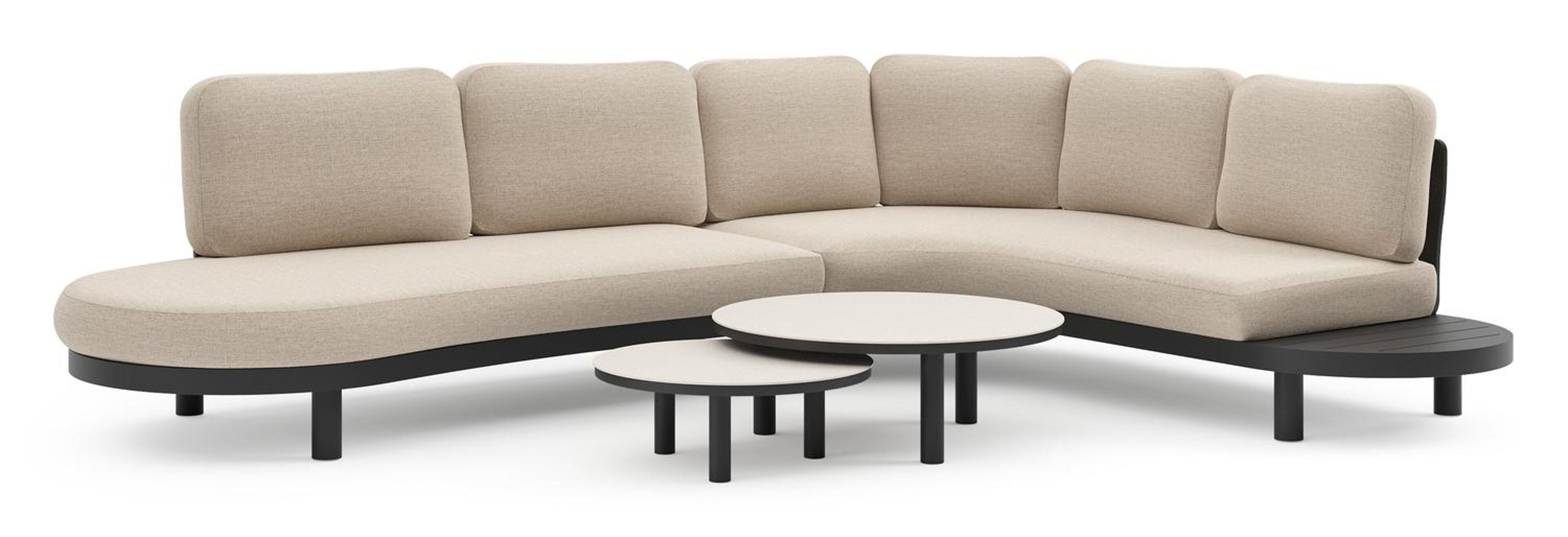 Palma loungehoek in zwart aluminium met rustic weather+ softtouch kussens en loungetafel