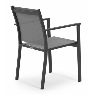 Ensemble de jardin Calobra avec table extensible en aluminium noir avec plateau de table en verre gris et 10 chaises de jardin empilables Bareto