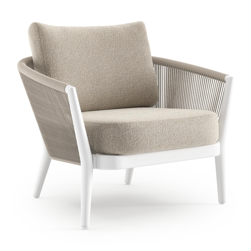 Fauteuil de jardin Orso en aluminium blanc en corde ronde tissée verticalement beige et coussins en all weather cosytica Marbella Ecru