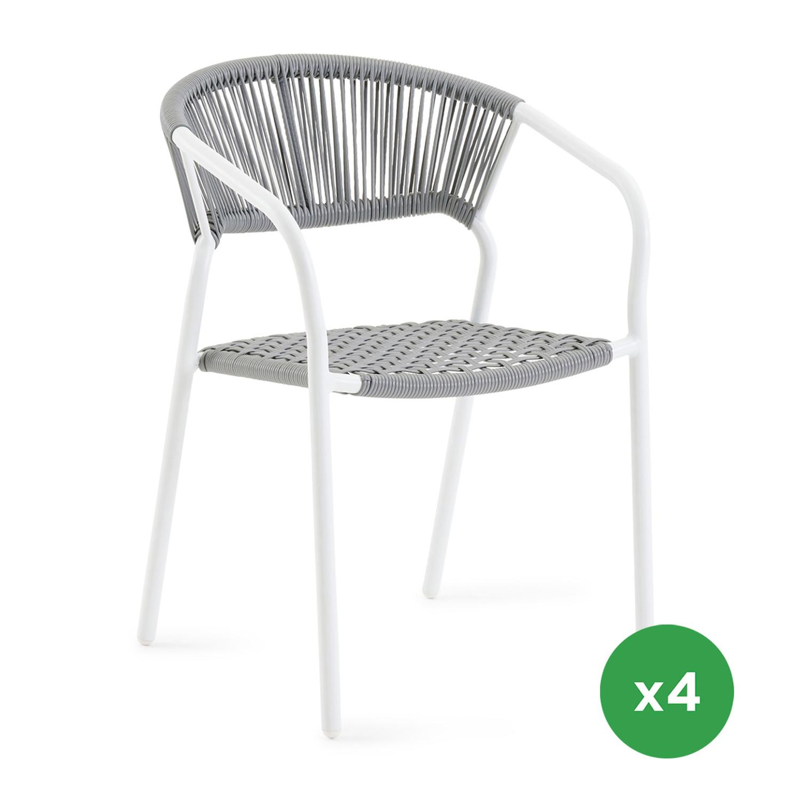 Set van 4 Vigo stapelbare tuinstoelen in wit aluminium en verticaal geweven rope