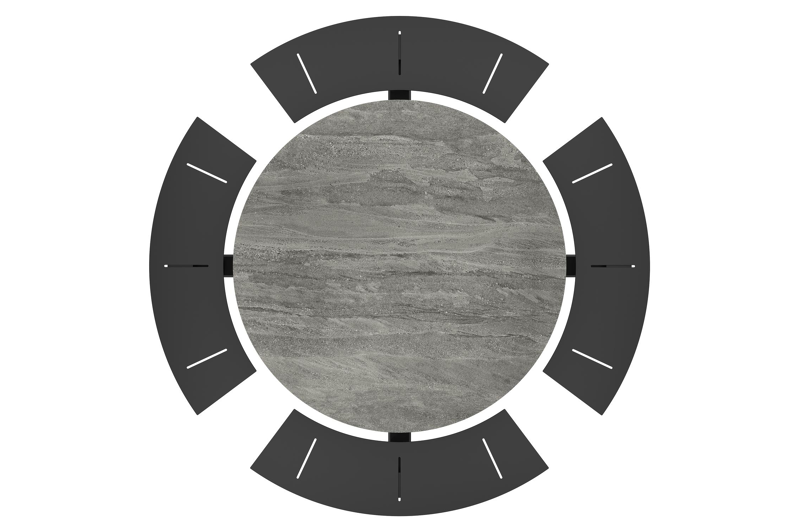 Rondino picknicktafel in zwart aluminium en volkeramiek aspen grey tafelblad - Ø 236 x H 71,5 cm