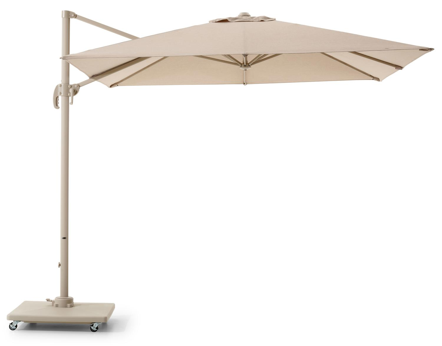 Calpe zweefparasol in beige aluminium en beige Weather+ Softtouch parasoldoek - L1 270 x L2 270 cm met Calpe parasolvoet 70 kg