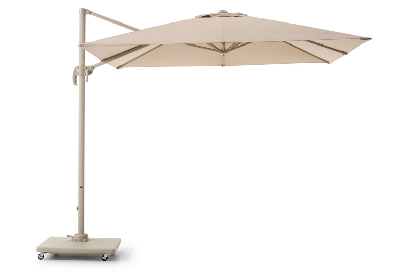 Calpe zweefparasol in beige aluminium en beige Weather+ Softtouch parasoldoek - L1 270 x L2 270 cm met Calpe parasolvoet 70 kg