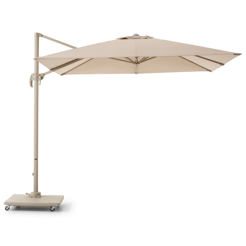 Calpe zweefparasol in beige aluminium en beige Weather+ Softtouch parasoldoek - L1 270 x L2 270 cm met Calpe parasolvoet 70 kg