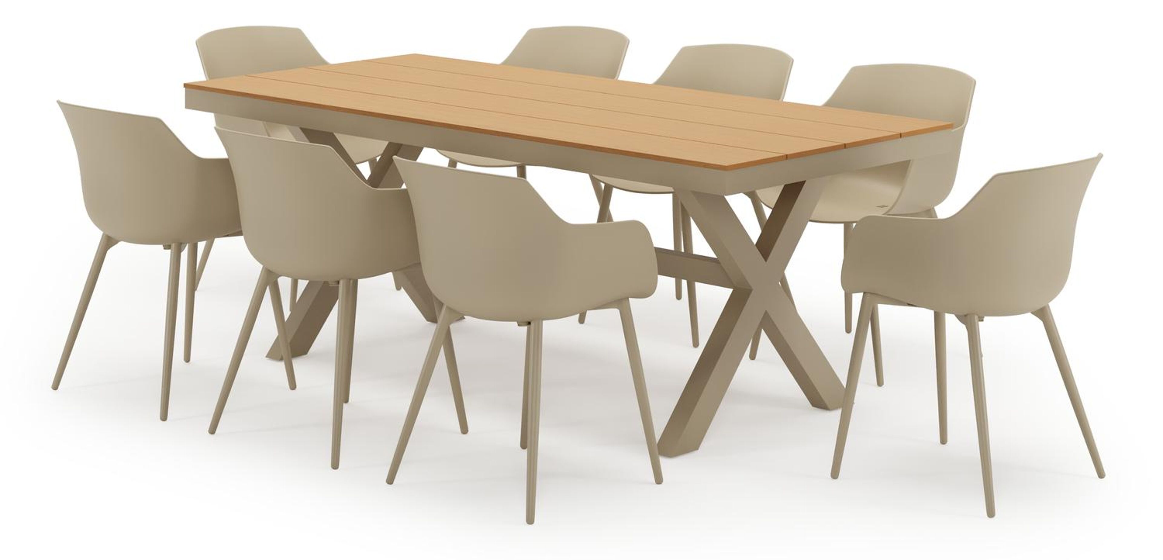 Ensemble de jardin Bahia en aluminium beige et polywood avec 8 chaises de jardin Paco