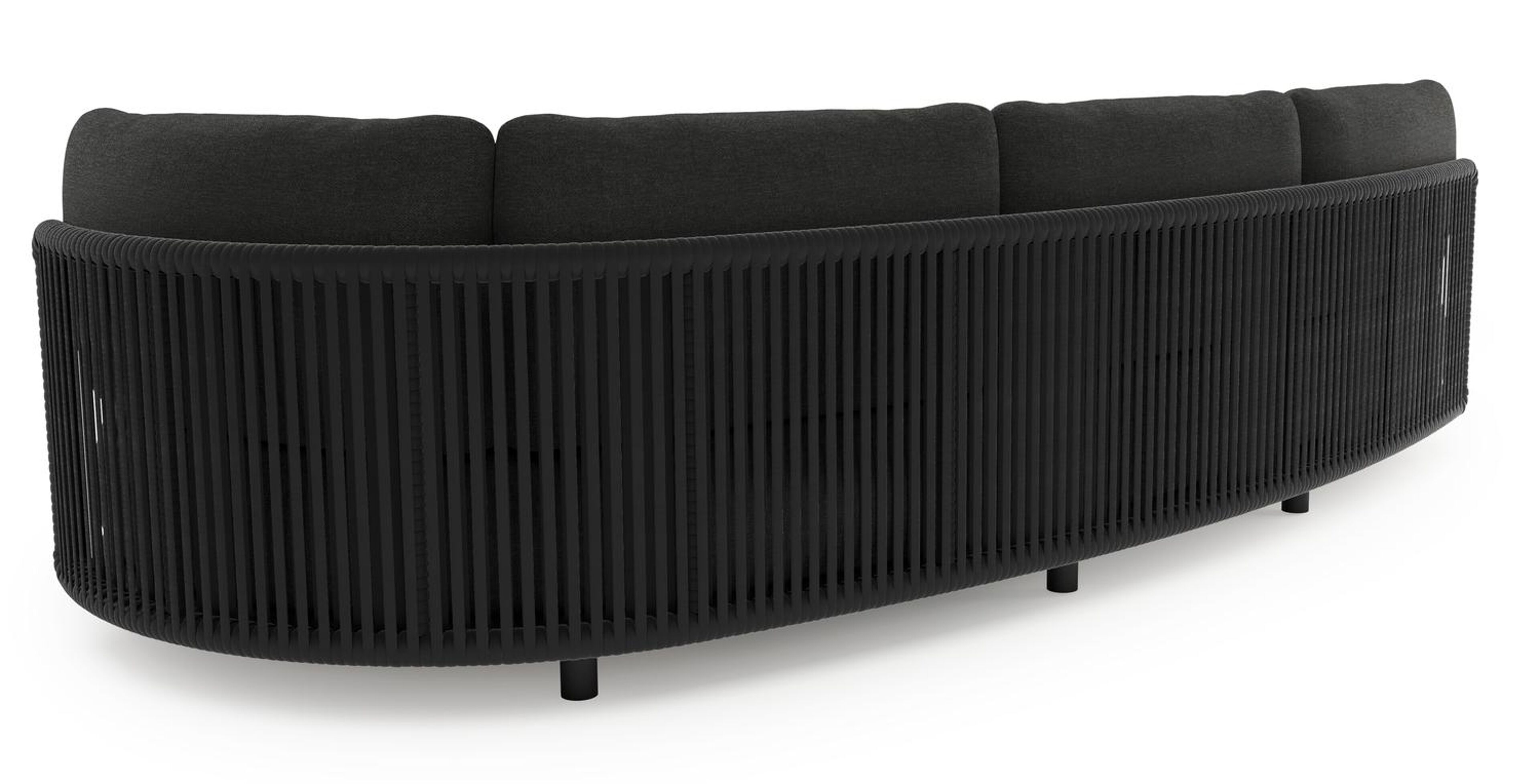 Lomano loungebank in zwart aluminium en zwart verticaal geweven luxe vlakke rope met chartres sooty all weather sunbrella® luxe kussen