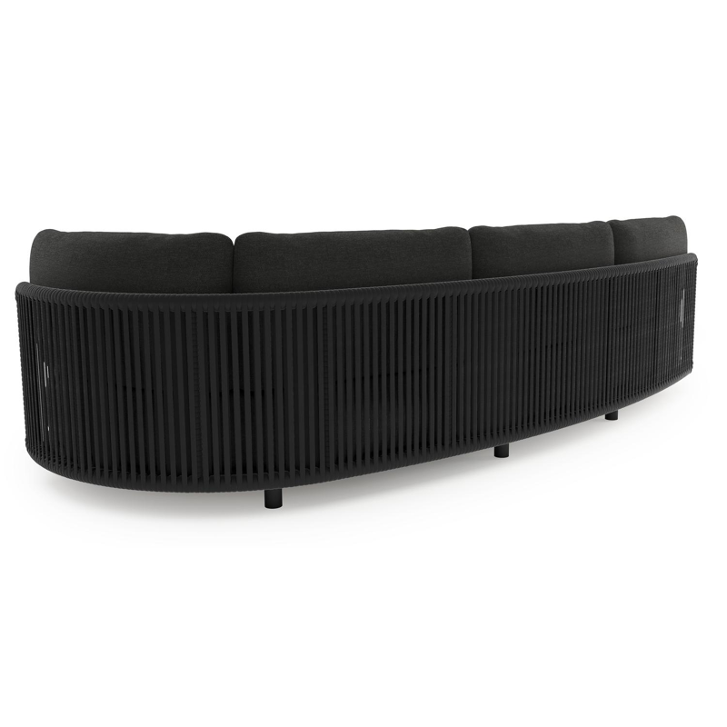 Lomano loungebank in zwart aluminium en zwart verticaal geweven luxe vlakke rope met chartres sooty all weather sunbrella® luxe kussen