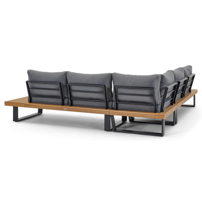 Salon de jardin d'angle Campelo en aluminium noir et polywood avec coussin en gris polyester et table basse