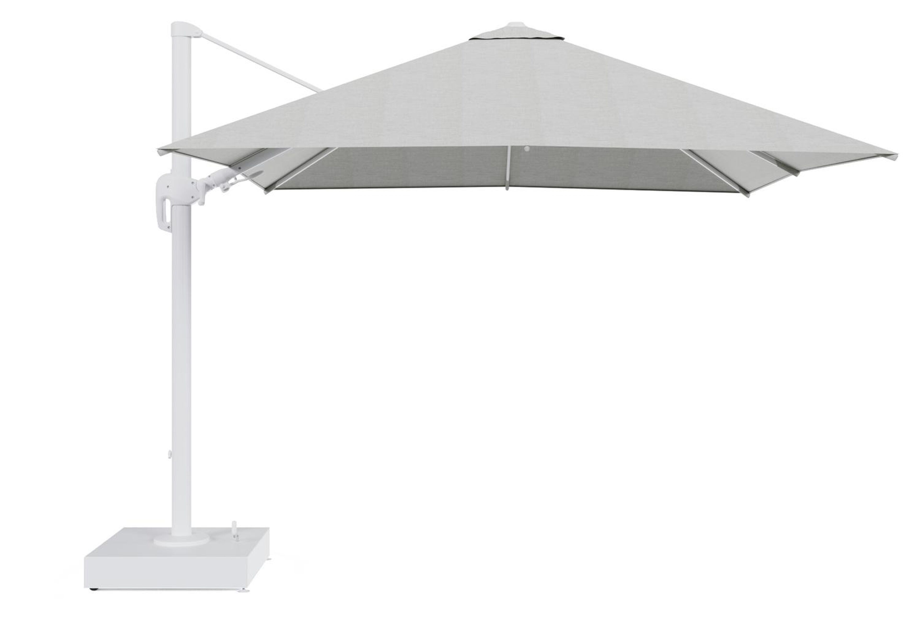 Rufina zweefparasol met tiltfunctie in wit aluminium en grijs All Weather Sunbrella® Premium parasoldoek - L1 300 x L2 300 cm met parasolvoet Minore 150 kg met wielen
