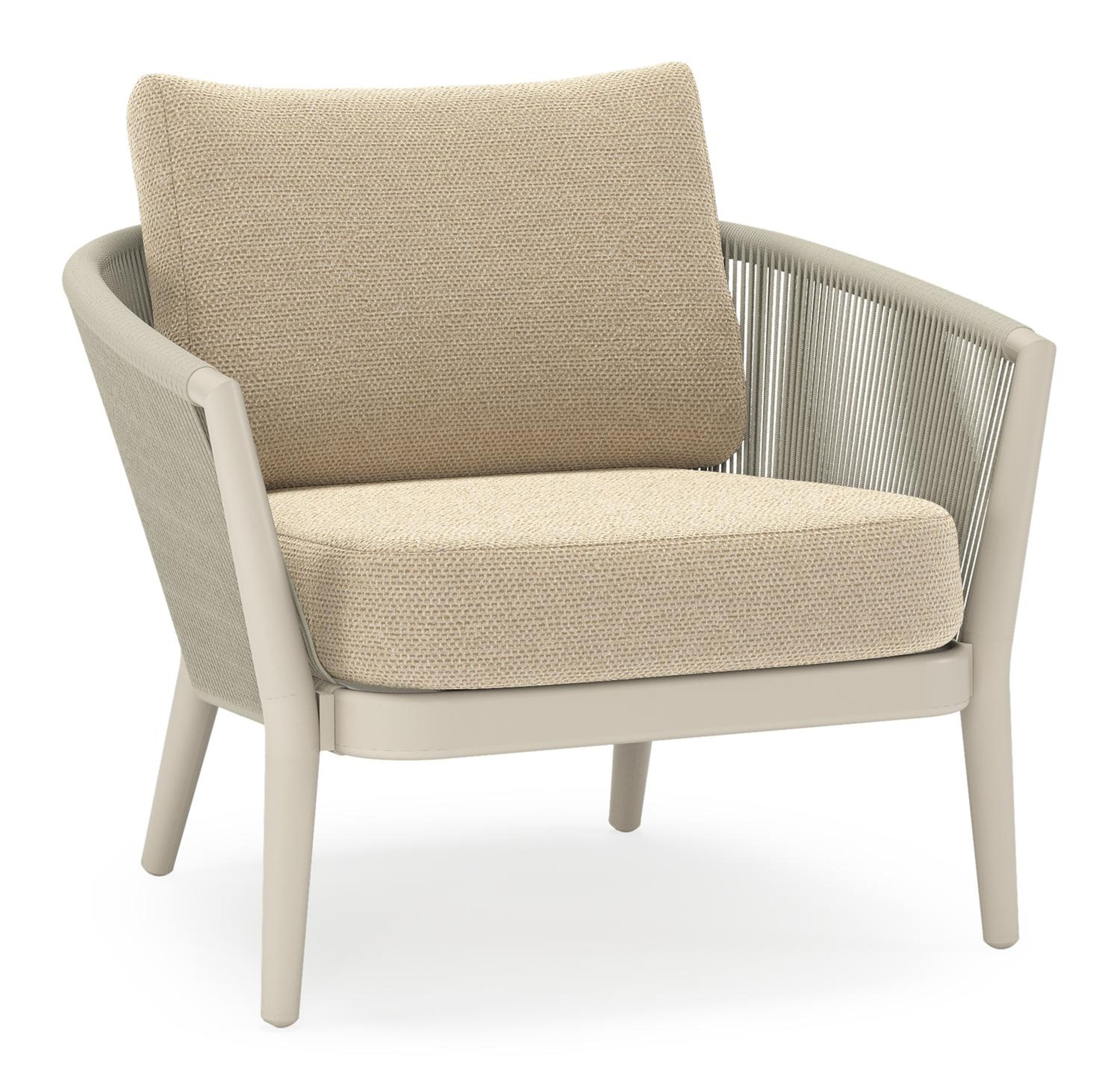 Orso loungestoel in beige aluminium en beige verticaal geweven ronde rope met Althea Camel all weather cosytica kussen