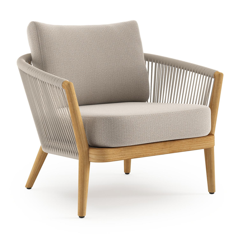 Fauteuil de jardin Orso en tecken corde ronde tissée verticalement beige et coussins en all weather sunbrella® luxe Lopi Fossil