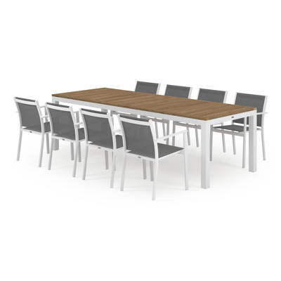 Varese tuinset in wit aluminium en naturel teak tafelblad met 8 stapelbare Bareto tuinstoelen