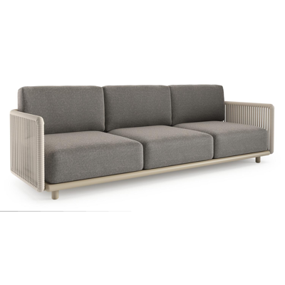 Organo loungebank in beige aluminium en beige verticaal geweven luxe vlakke rope met chartres drizzle all weather Sunbrella® luxe kussen