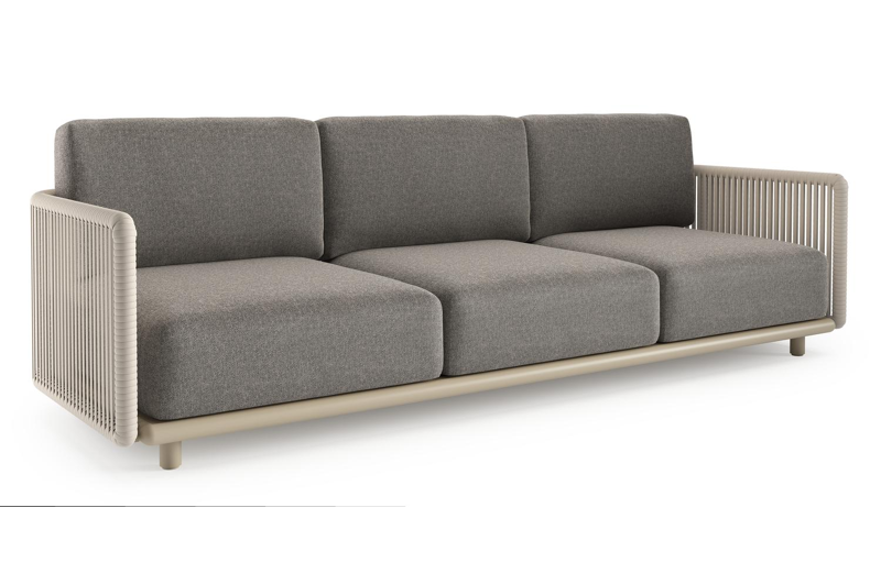 Organo loungebank in beige aluminium en beige verticaal geweven luxe vlakke rope met chartres drizzle all weather Sunbrella® luxe kussen