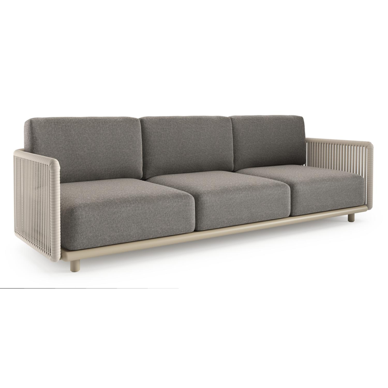 Canapé de jardin Organo en aluminium beige et corde luxe plate tissée verticalement beige et coussin en all weather Sunbrella® luxe chartres drizzle