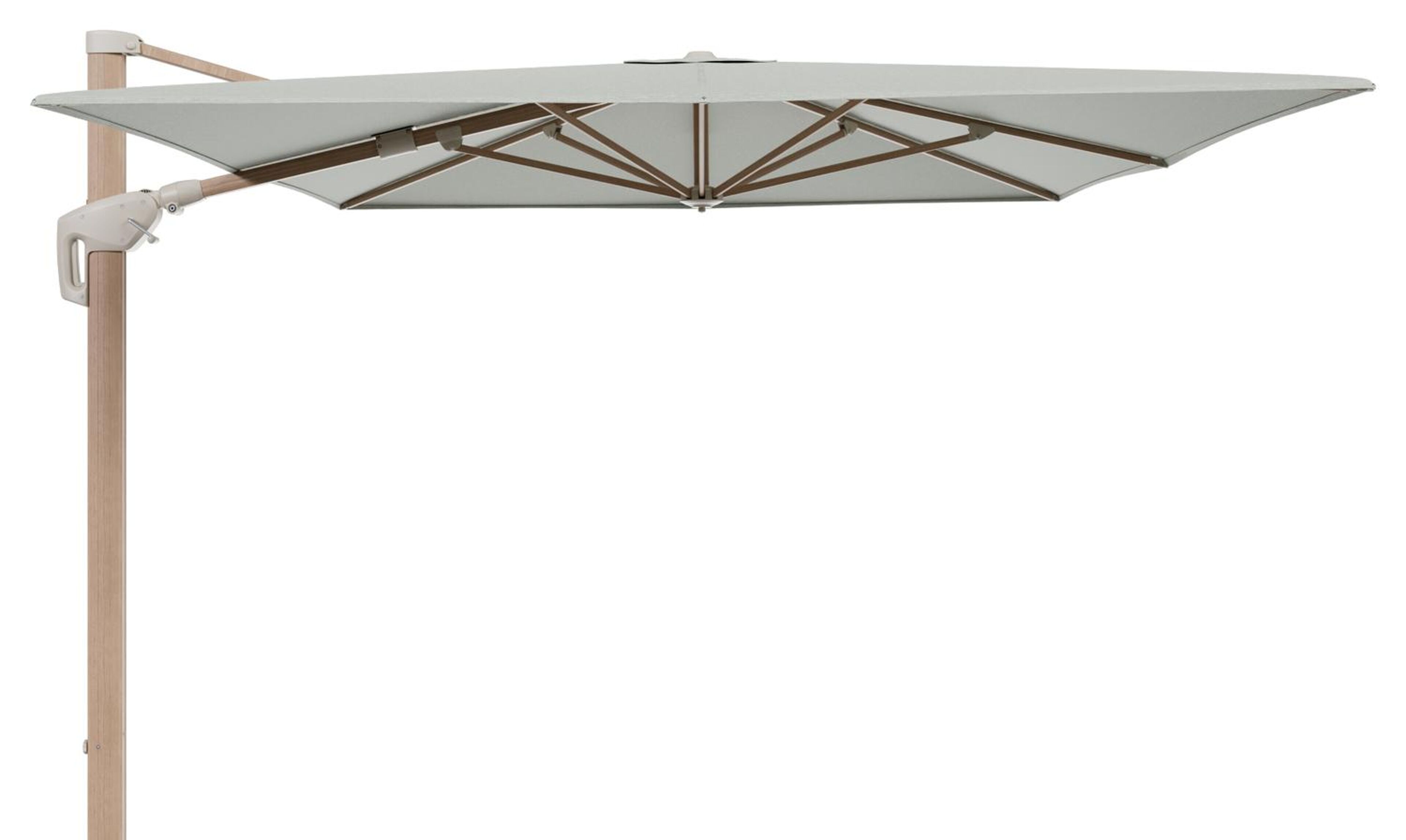 Minore zweefparasol met tiltfunctie in houtlook aluminium en Slow Spirea All Weather Sunbrella® Luxe parasoldoek - L1 400 x L2 300 cm (zonder voet)
