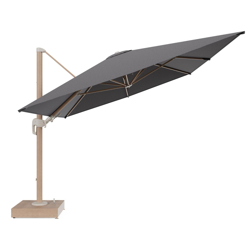 Rufina zweefparasol met tiltfunctie in houtlook aluminium en Firenze Tunder All Weather Solica parasoldoek - L1 400 x L2 300 cm met parasolvoet Minore 150 kg met wielen