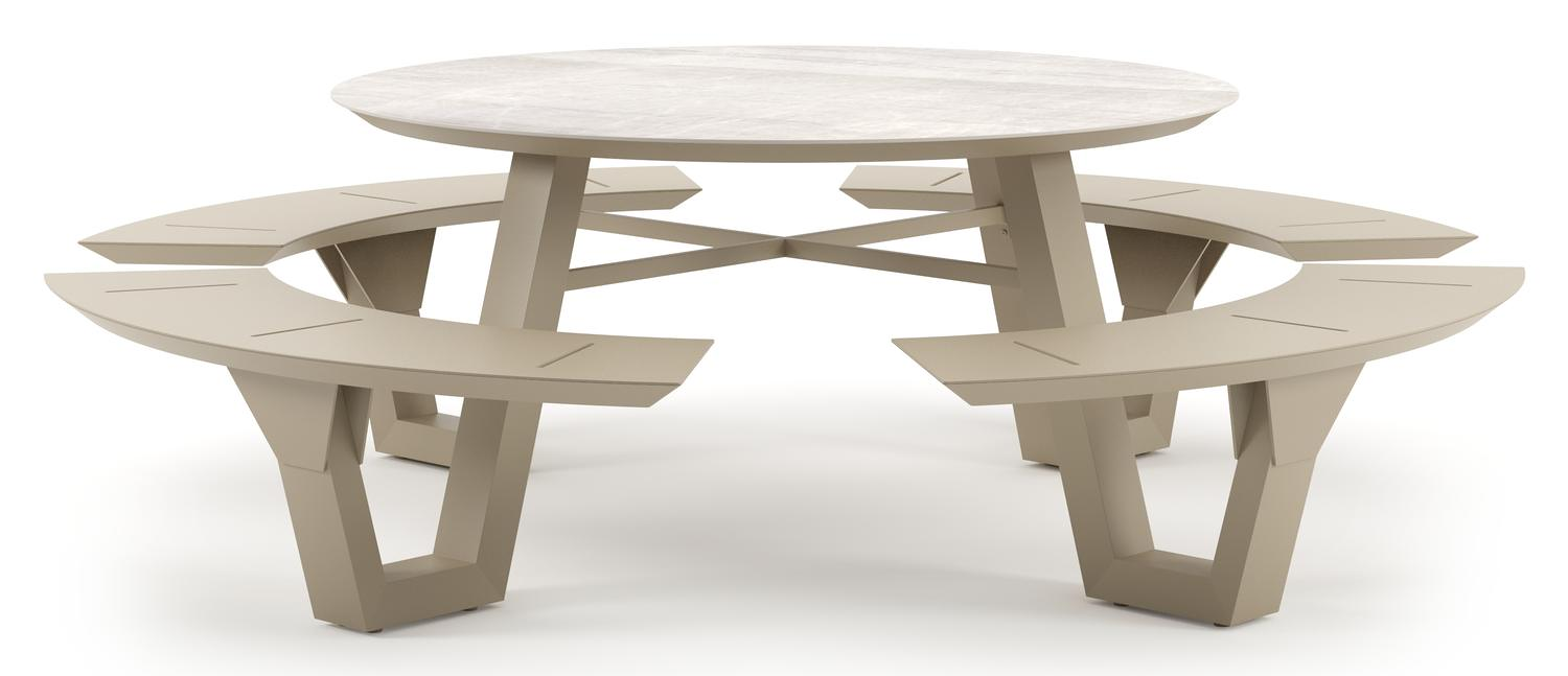 Table de pique-nique Rondino ronde en aluminium beige et céramique pleine Taj Mahal - Diam. 148 x Haut. 71.5 cm