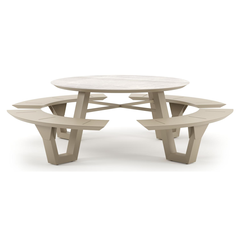 Rondino picknicktafel rond in beige aluminium en volkeramiek Taj Mahal - Dia. 236 x H 71.5 cm