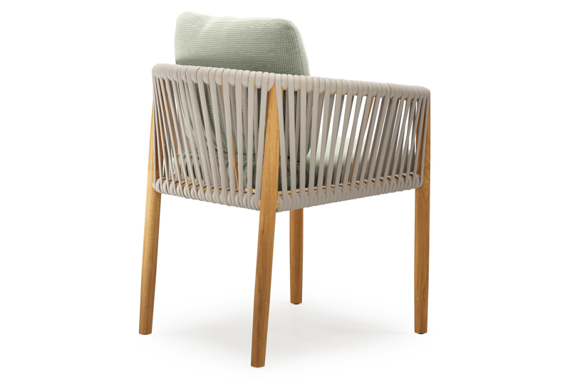 Organo tuinstoel in teak en beige verticaal geweven luxe vlakke rope met zitkussen in All Weather Sunbrella® Luxe Slow Spirea