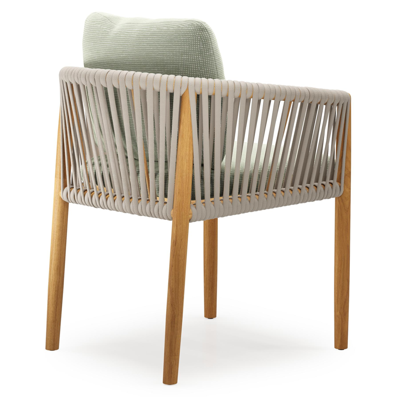 Organo tuinstoel in teak en beige verticaal geweven luxe vlakke rope met zitkussen in All Weather Sunbrella® Luxe Slow Spirea